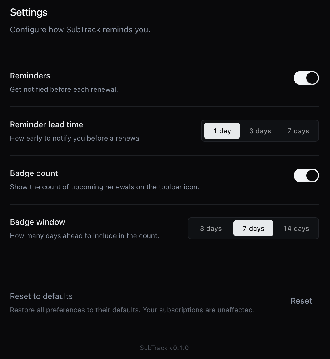 SubTrack settings page with reminder and badge controls